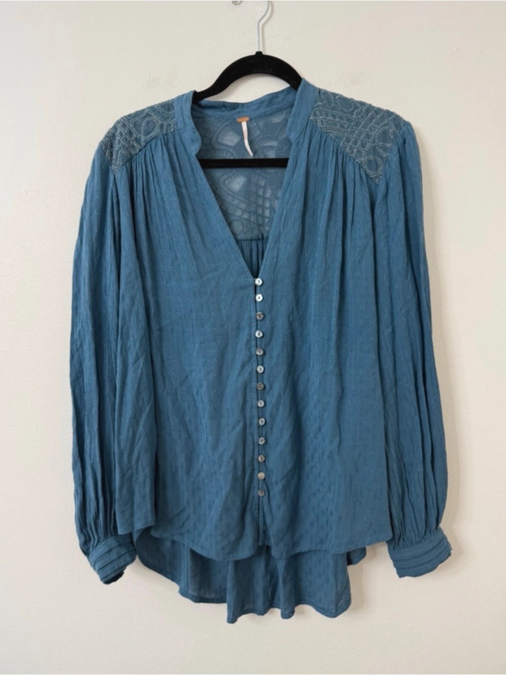 Free People Dusty Blue Button-Front Peasant Blouse